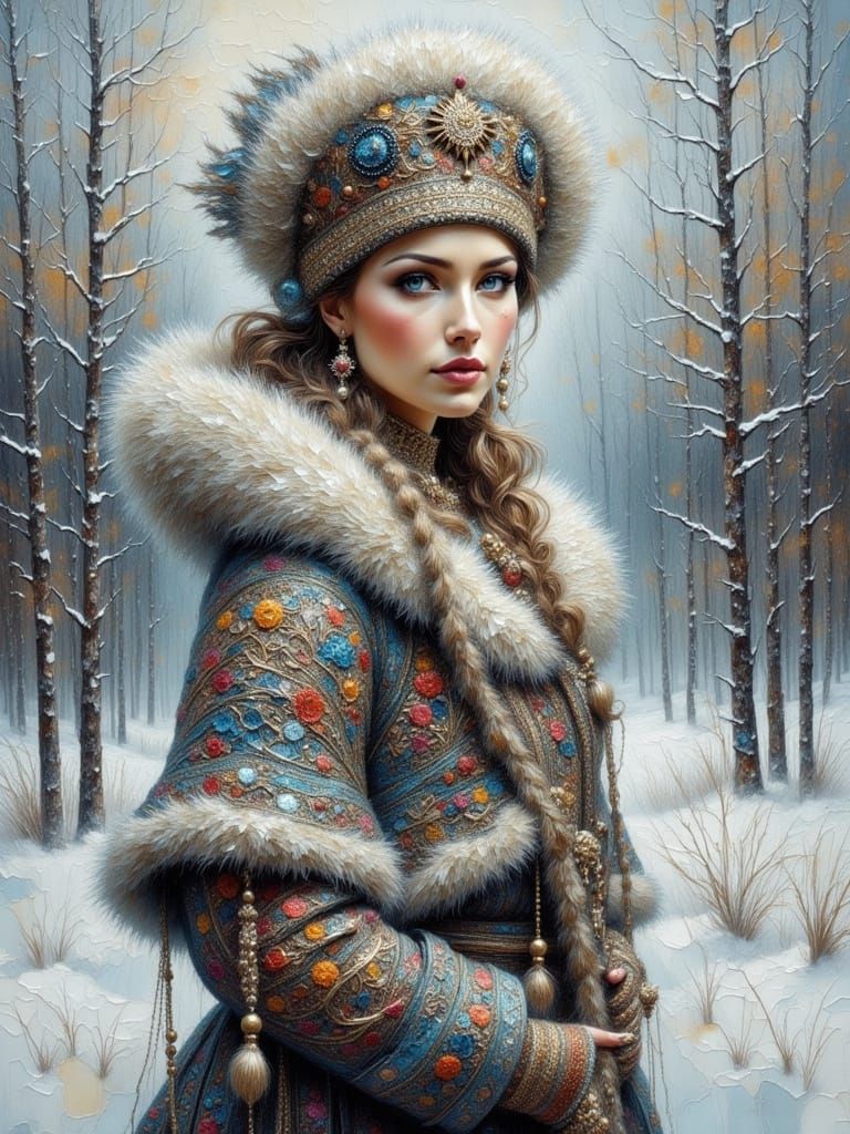 Siberian Woman in Snowy Landscape as Impasto Painting