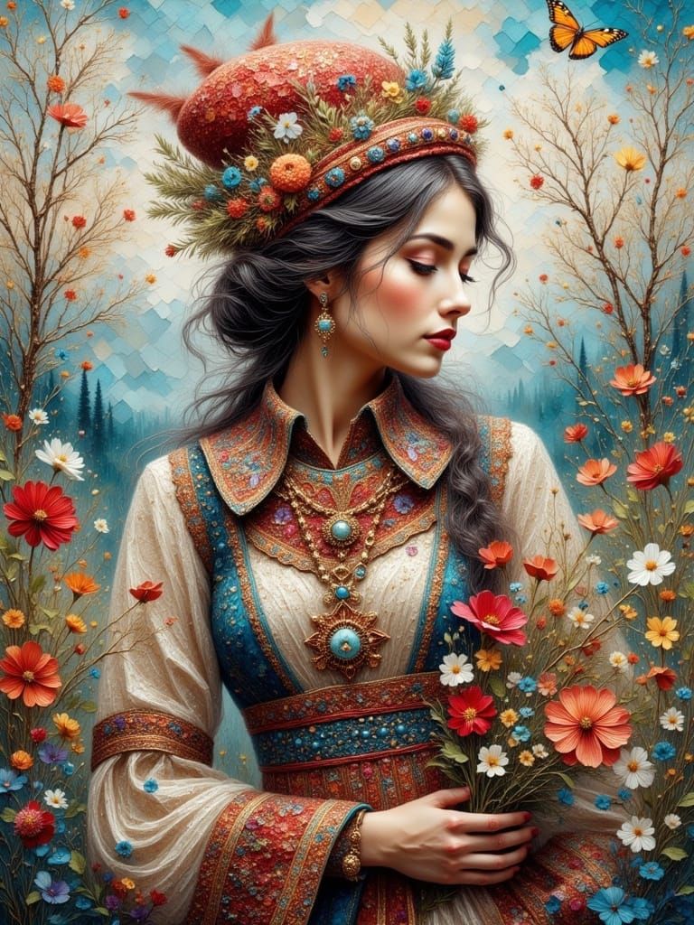 Siberian Woman in Dreamy Impasto Landscape