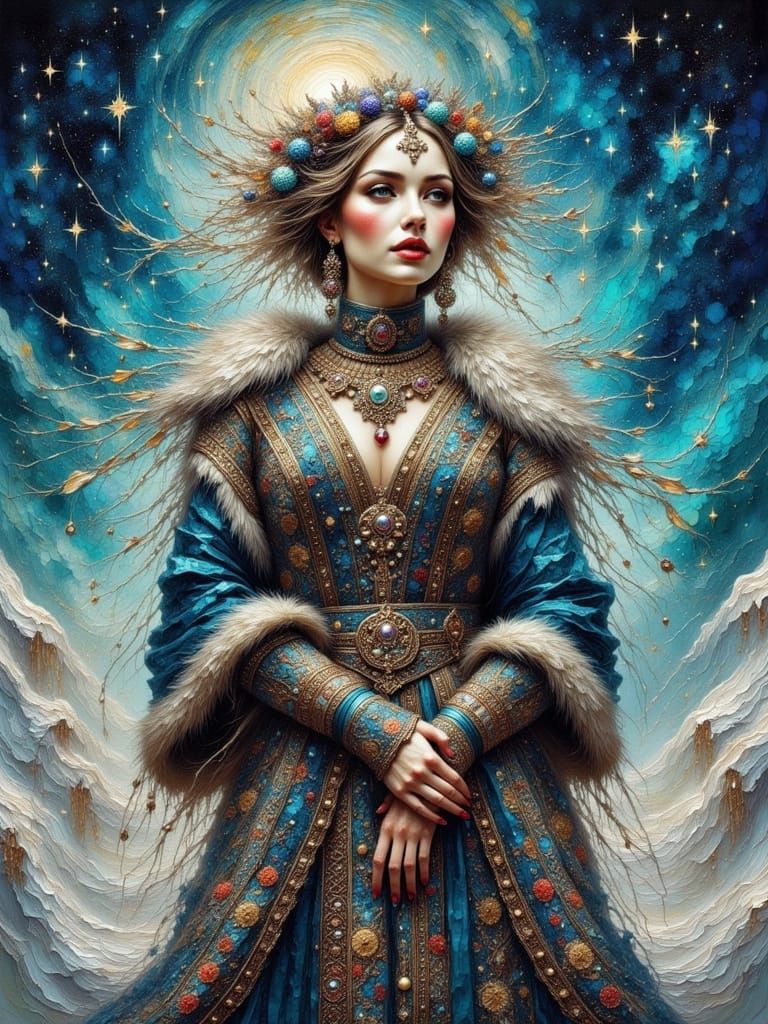 Siberian Woman in Traditional Attire as Impasto Painting