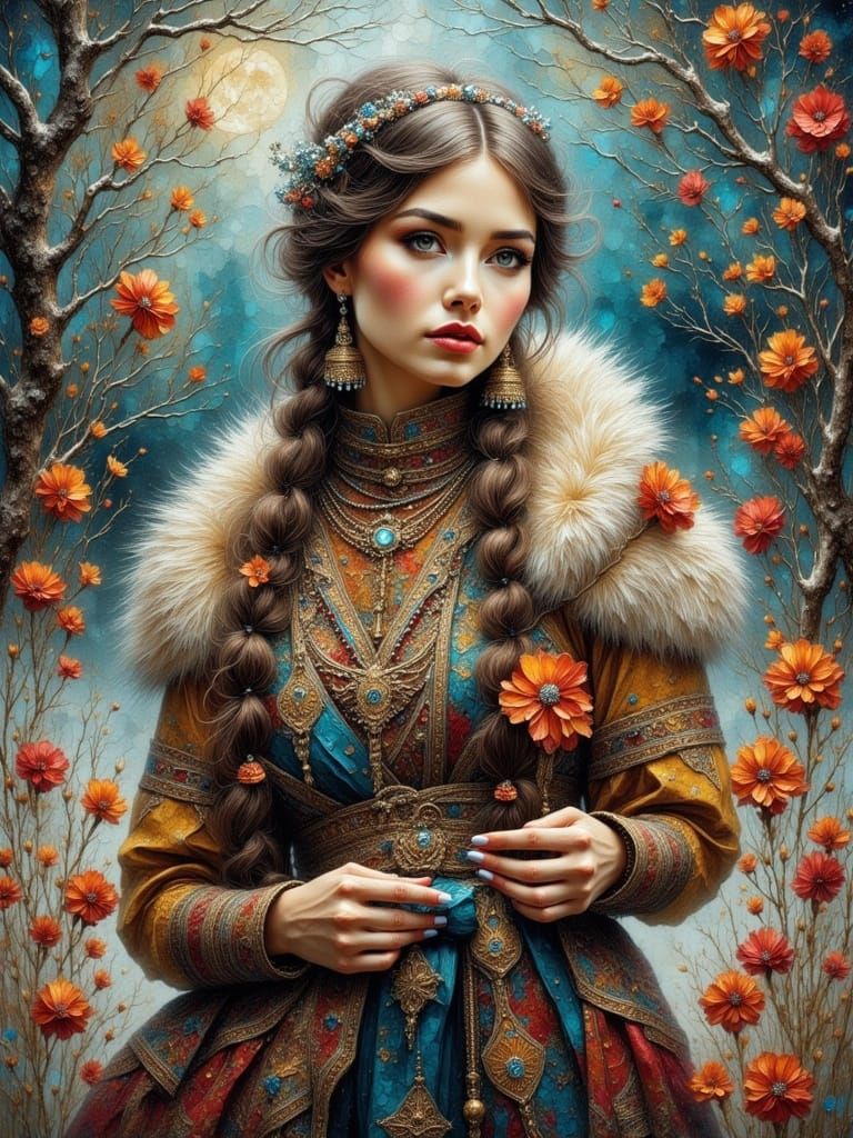 Siberian Woman in Traditional Attire, Impasto Painting