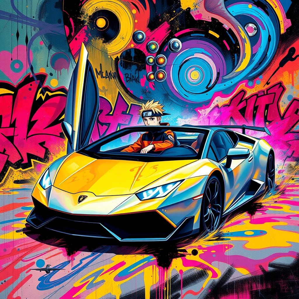 Naruto in a Vibrant, Astral Lamborghini