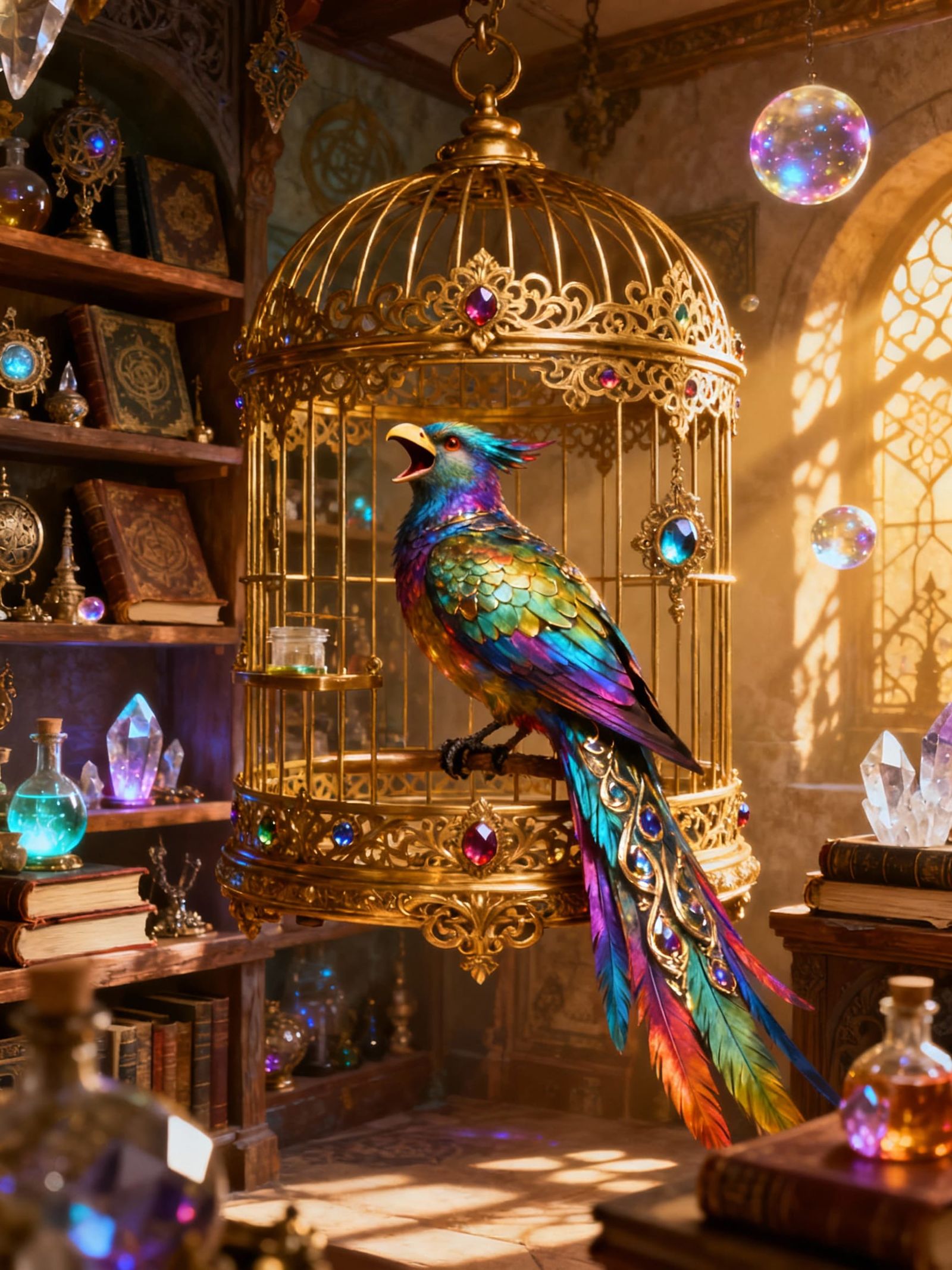 Fantastical Bird Sings in Intricate Gilded Cage