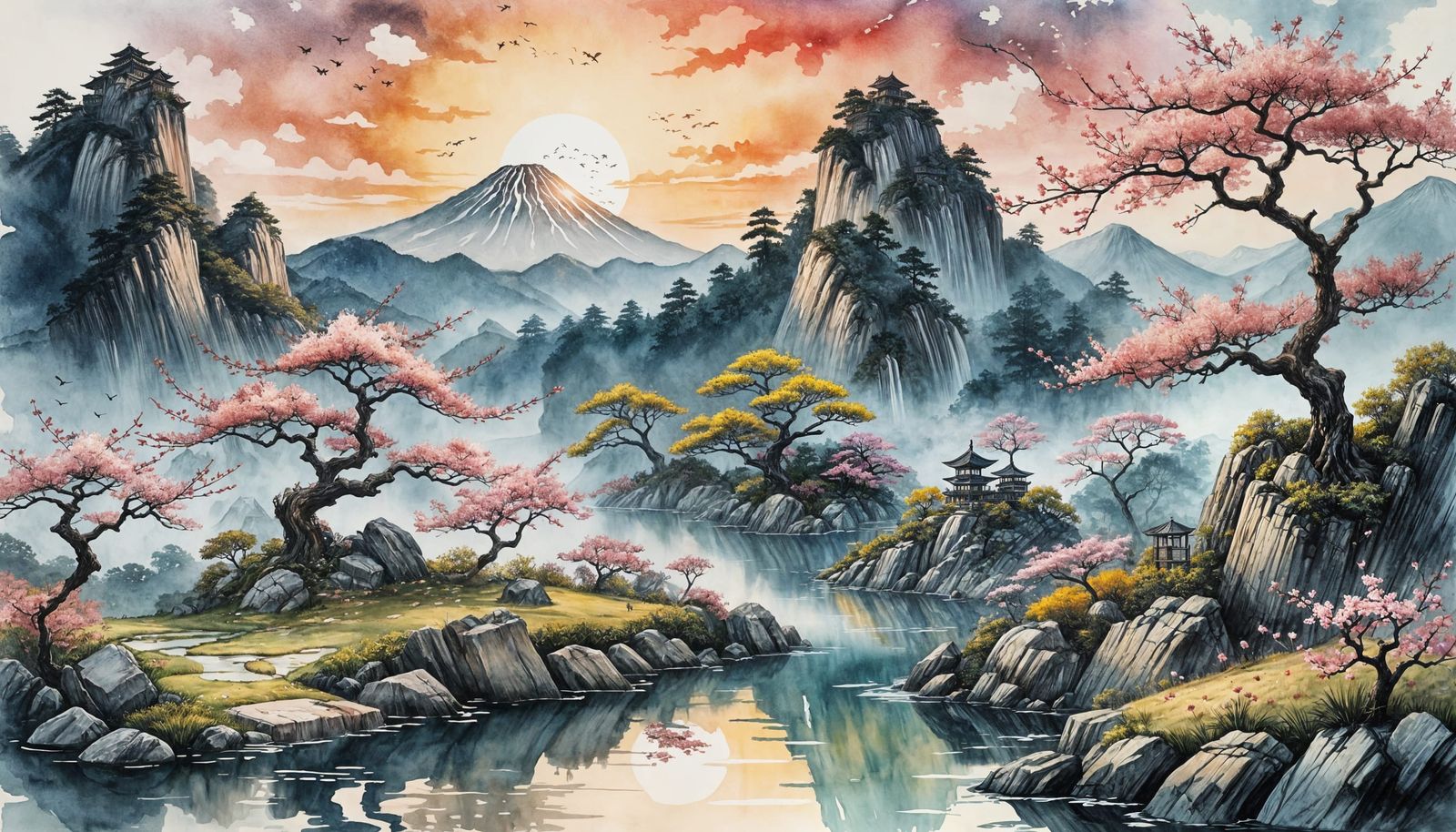 Zen Garden Sunset: Ink and Watercolor Masterpiece