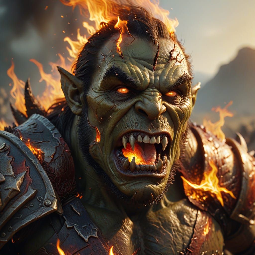 Flaming Orc Warrior Scream: Hyperrealistic Digital Art
