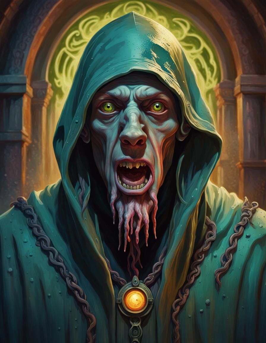 Lovecraftian Hooded Cultist Portrait in Hyperrealistic Splas...