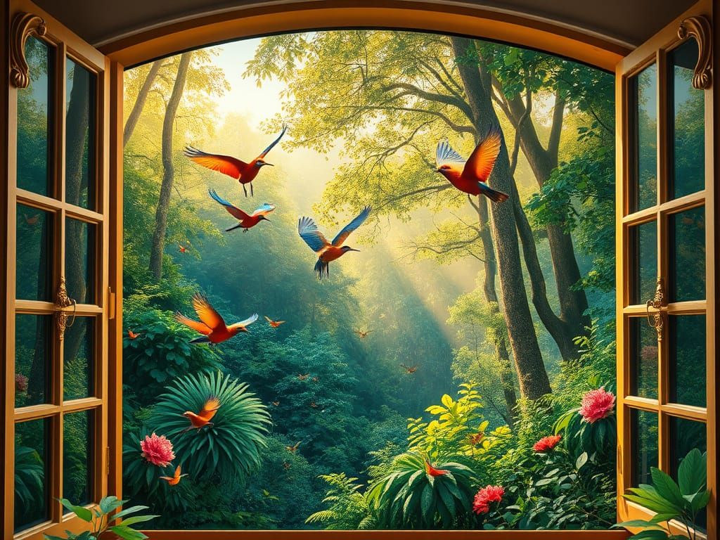 Vibrant Rainforest Viewed Through Elegant Bay Window