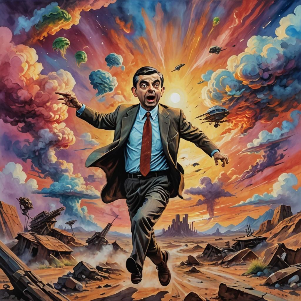 Mr. Bean in Alien Wasteland: Gouache Watercolor Painting