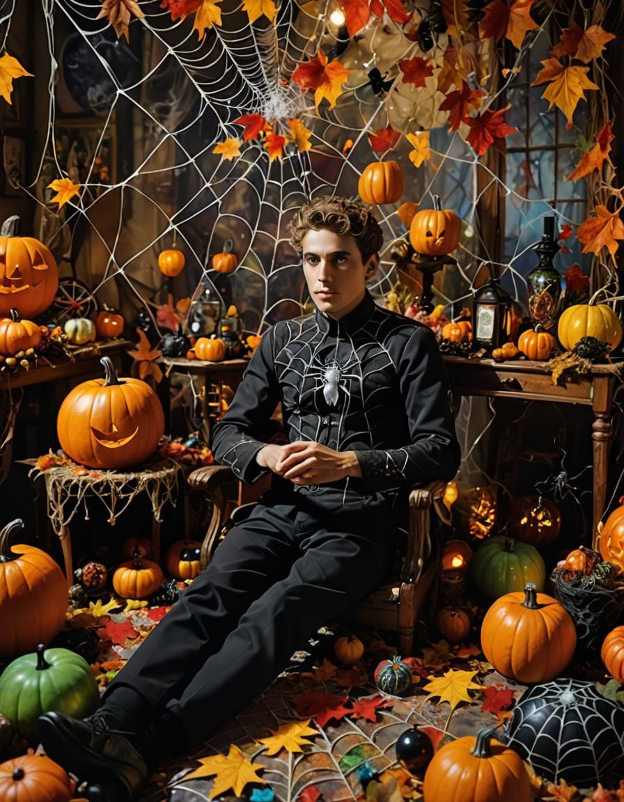 Autumn Dreamer Surrounded by Halloween Decorations in Surrea...