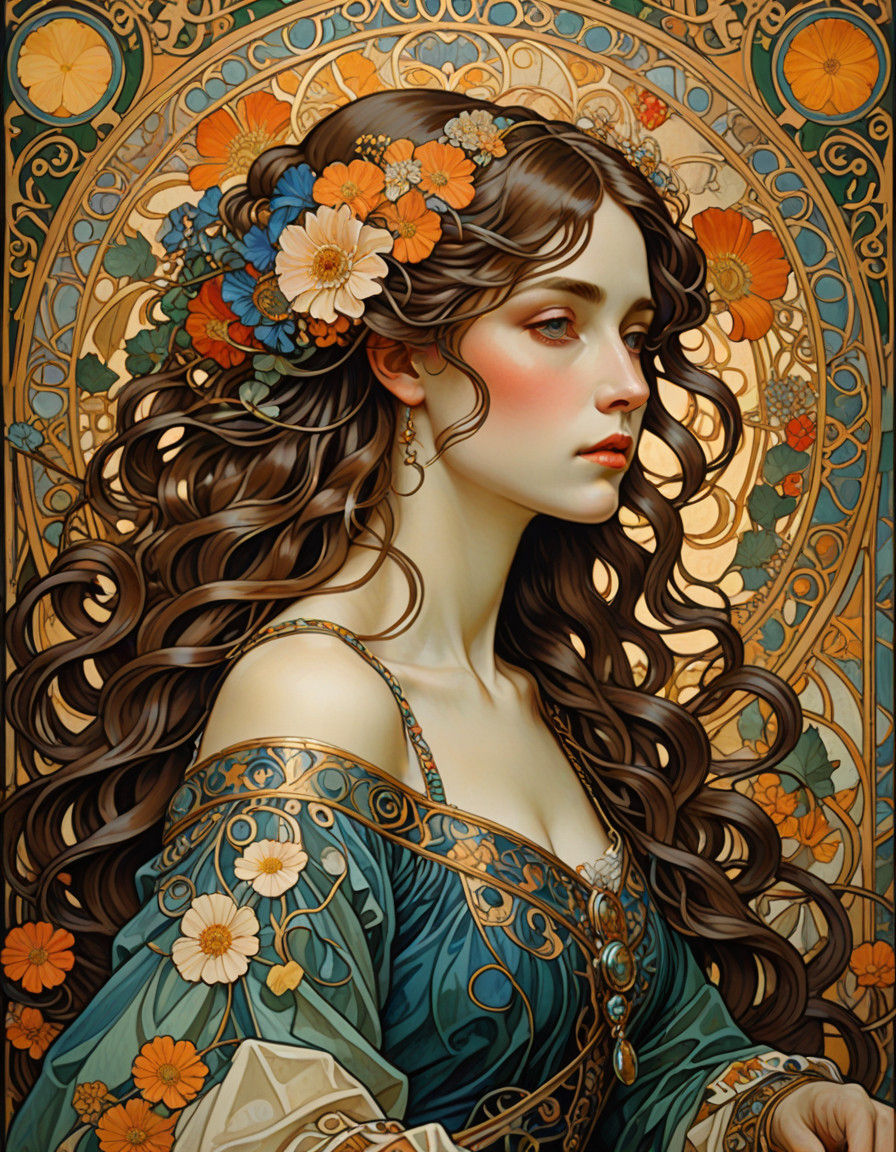 Elegant Art Nouveau Woman in Whiplash Lines and Intricate Pa...