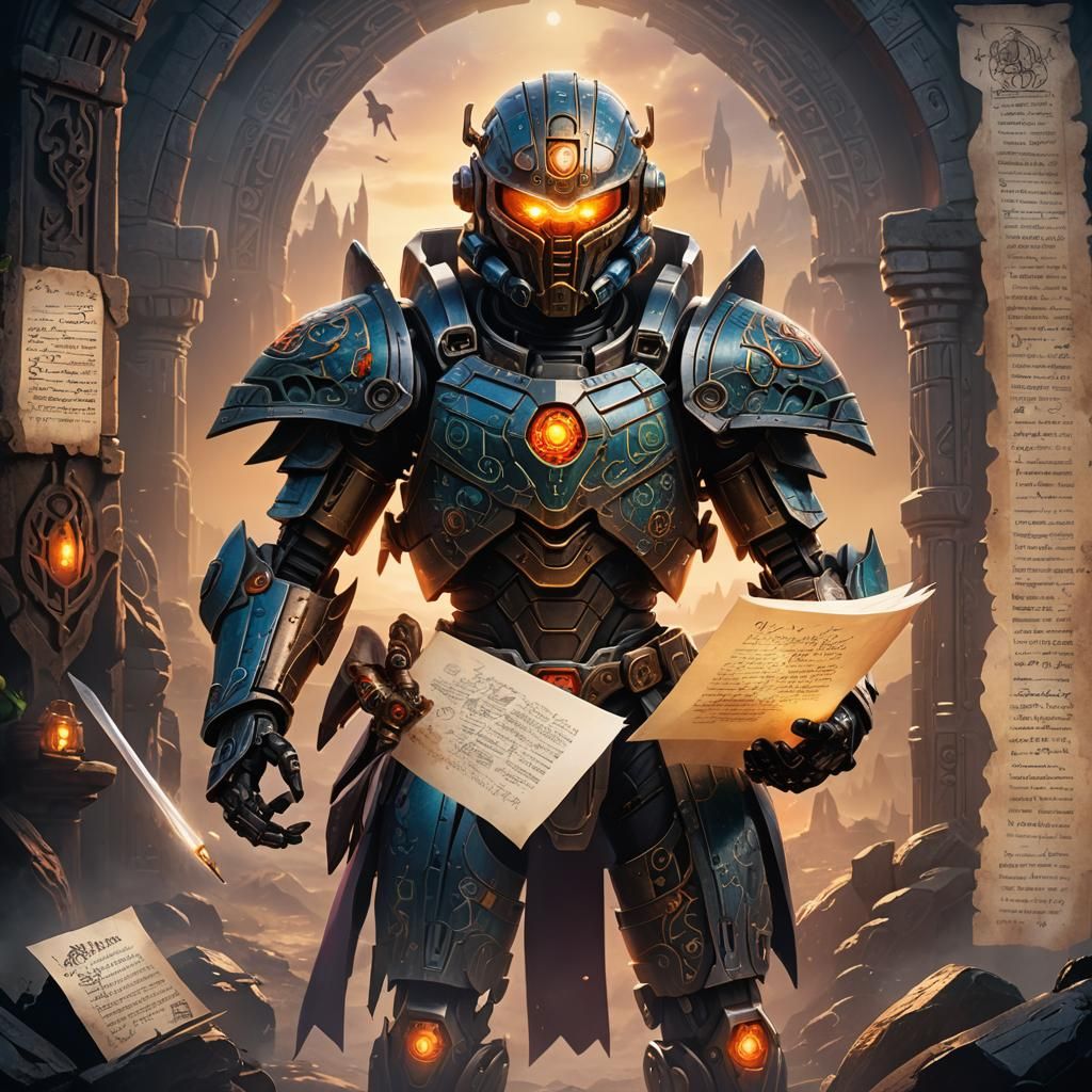 Bionicle Character Holding a Scroll, Dark Fantasy Painting