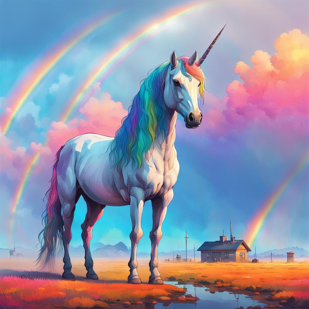 Mystical Unicorn with Rainbow in Watercolor Style