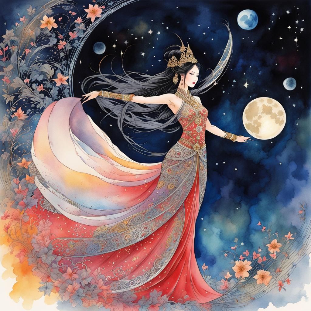 East Asian Princess Dancing in Moonlight, Watercolor Art
