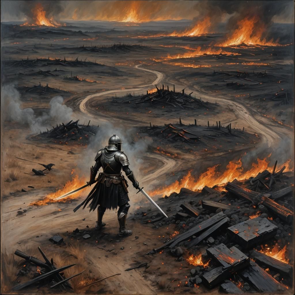 Warrior in Charred Field: Oil Painting with Chiaroscuro