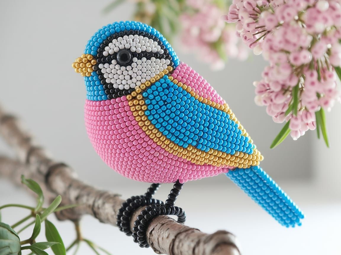 Vibrant Beaded Bird in a Natural Setting