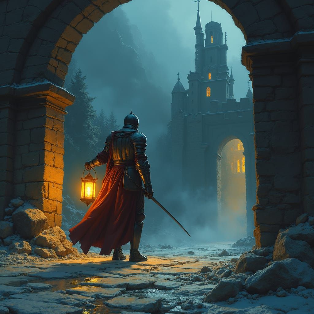 Knight with Lantern in Ruined Castle