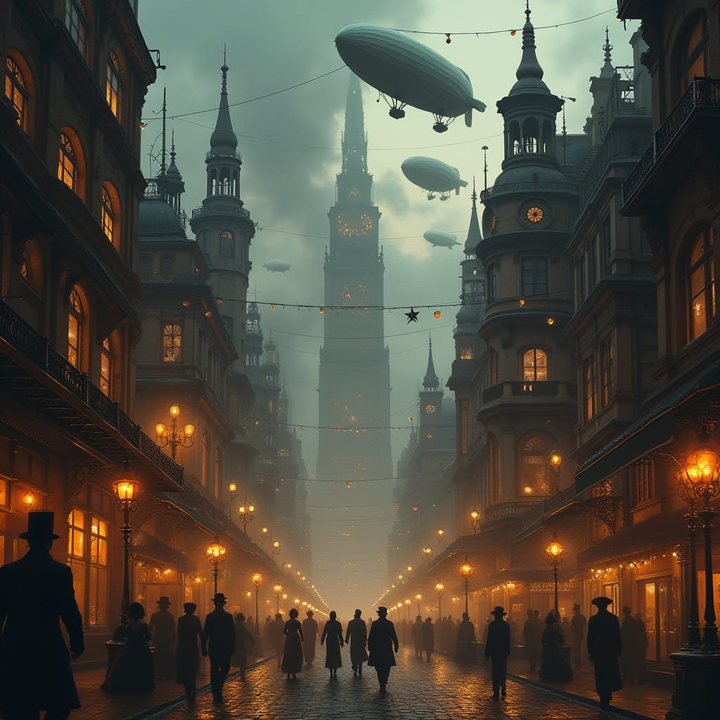 Steampunk Metropolis at Twilight: Brass Towers and Flying Ze...