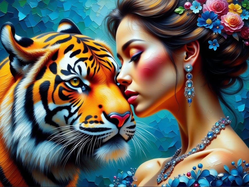 Lady and Tiger in Impasto Oil Painting