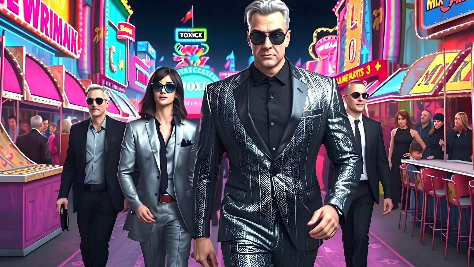 Toxic Accident Man Struts Through Neon Fairground