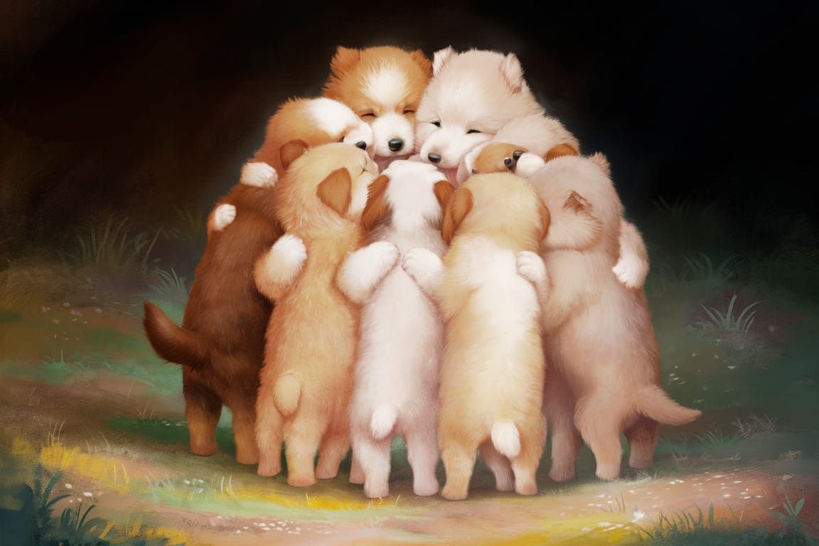 Adorable Puppies Cuddling in a Dreamy Landscape