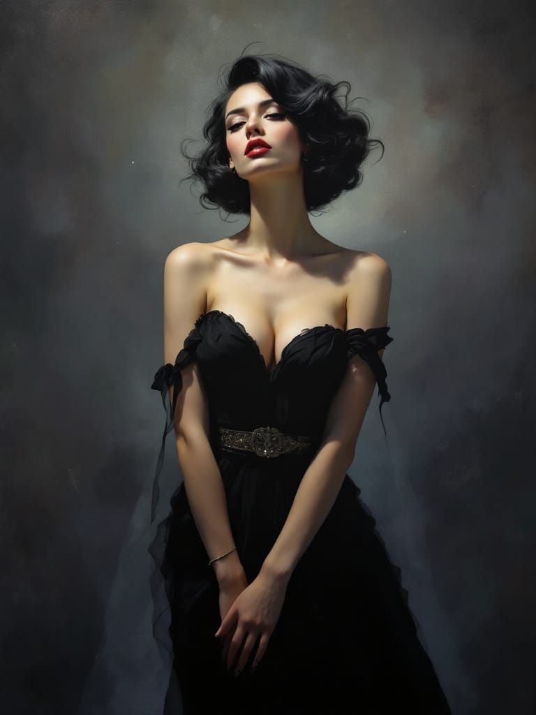 Pin-Up Woman in Tonalist Style, Mucha and Waterhouse Influen...