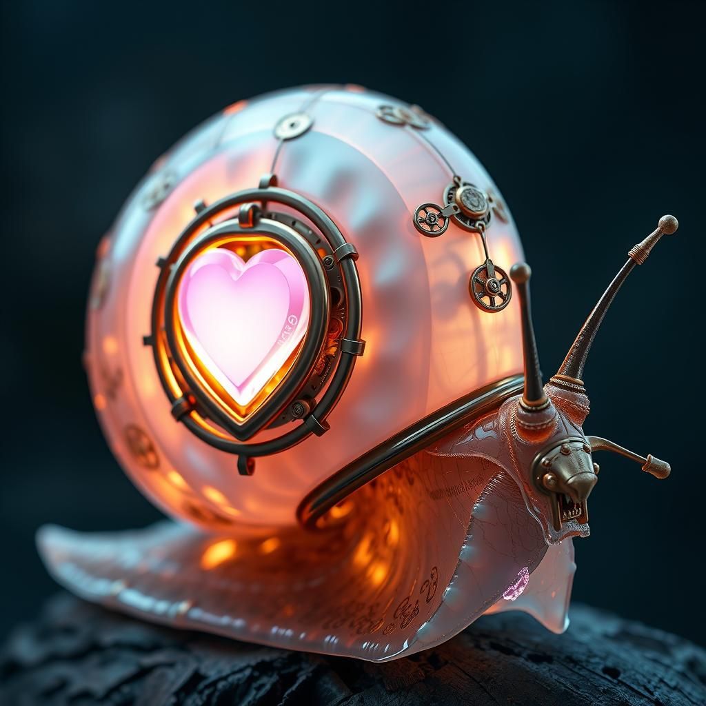 Cybernetic Snail with Glowing Heart Crystal: Fantasy-Realism