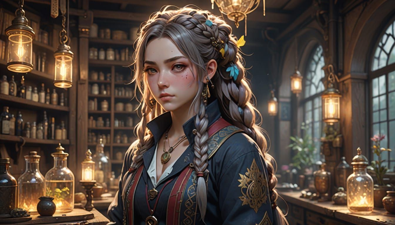 Whimsical Punk Girl in Magical Apothecary as Oil Painting