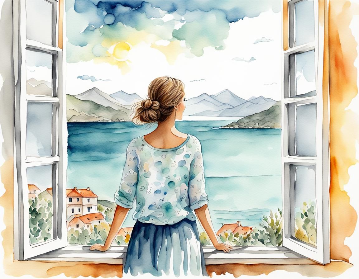 Woman Gazing at Sea: Watercolor and Ink Drawing