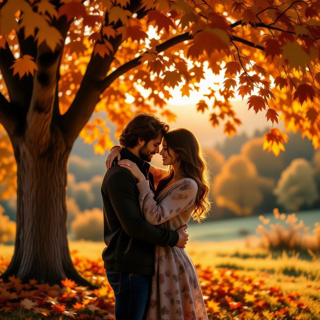 Embrace Under Autumn Tree: Whimsical Digital Art