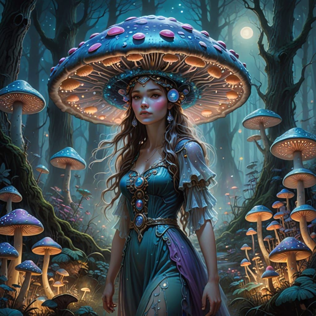 Mushroom Goddess in Ethereal Moonlit Forest