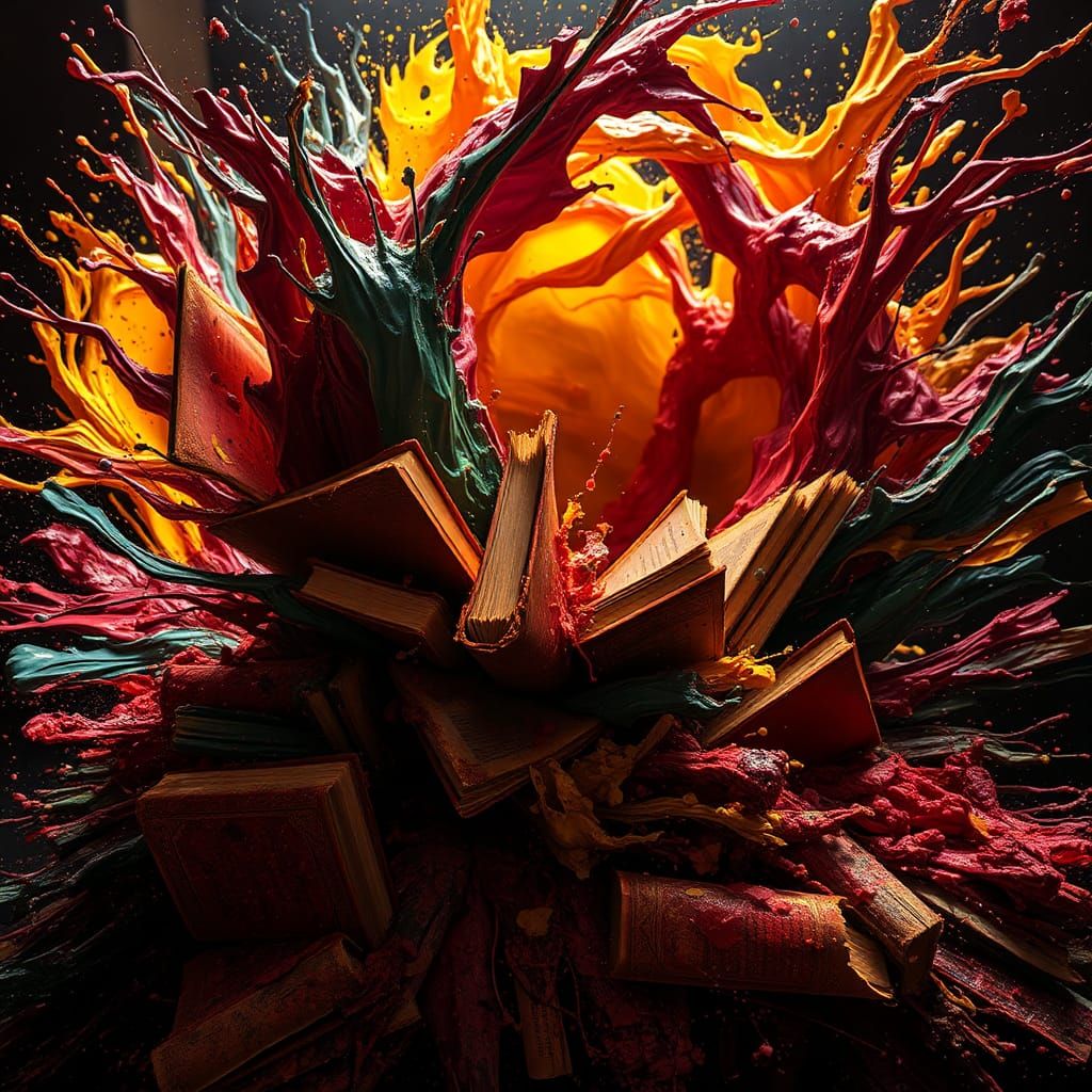 Books Erupting from Colorful Chaos