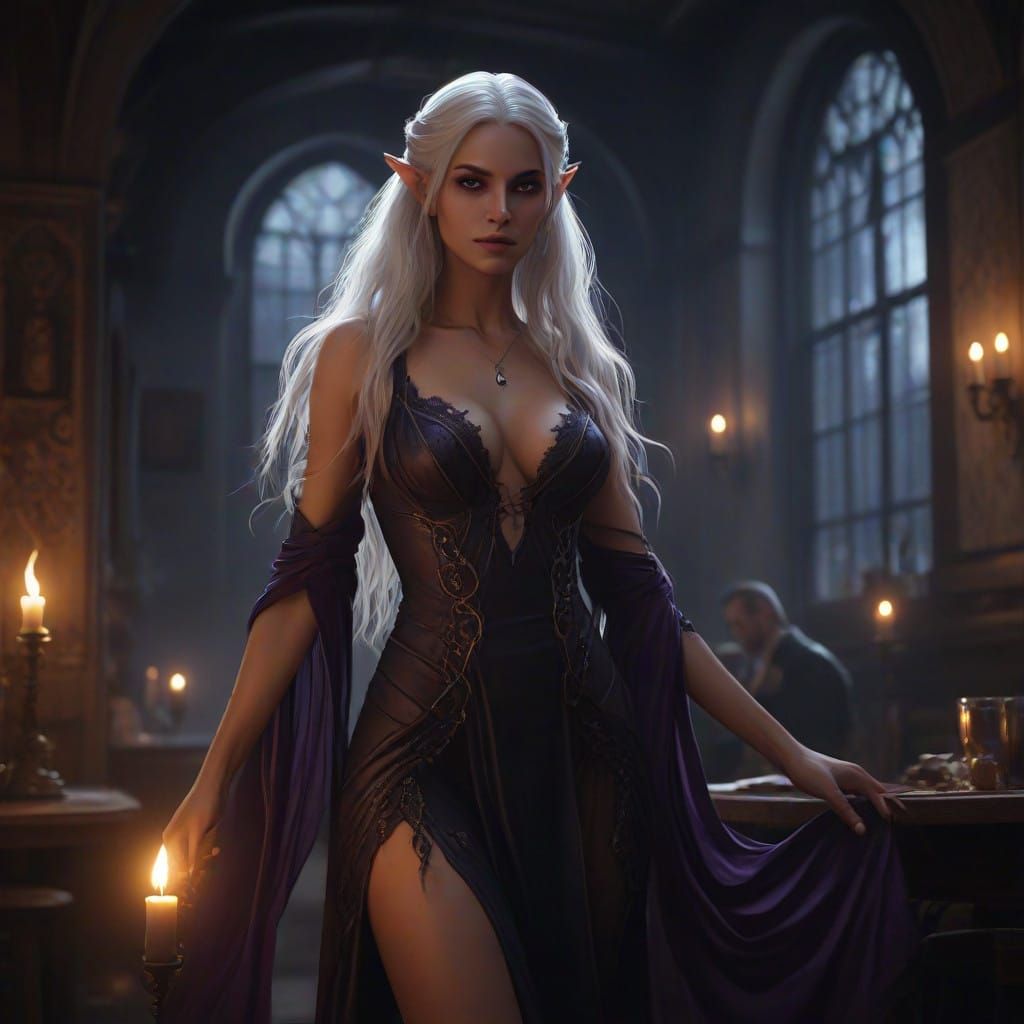 Dark Fantasy Elf in Mysterious Tavern