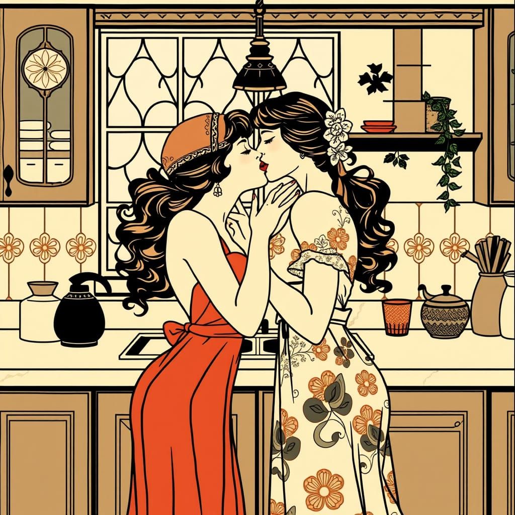 Art Nouveau Illustration of Two Women Kissing in Kitchen