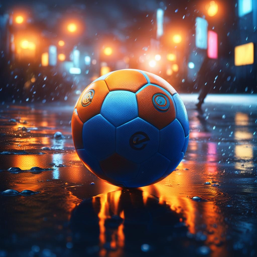Soccer Ball on Wet Street in Art Nouveau Style