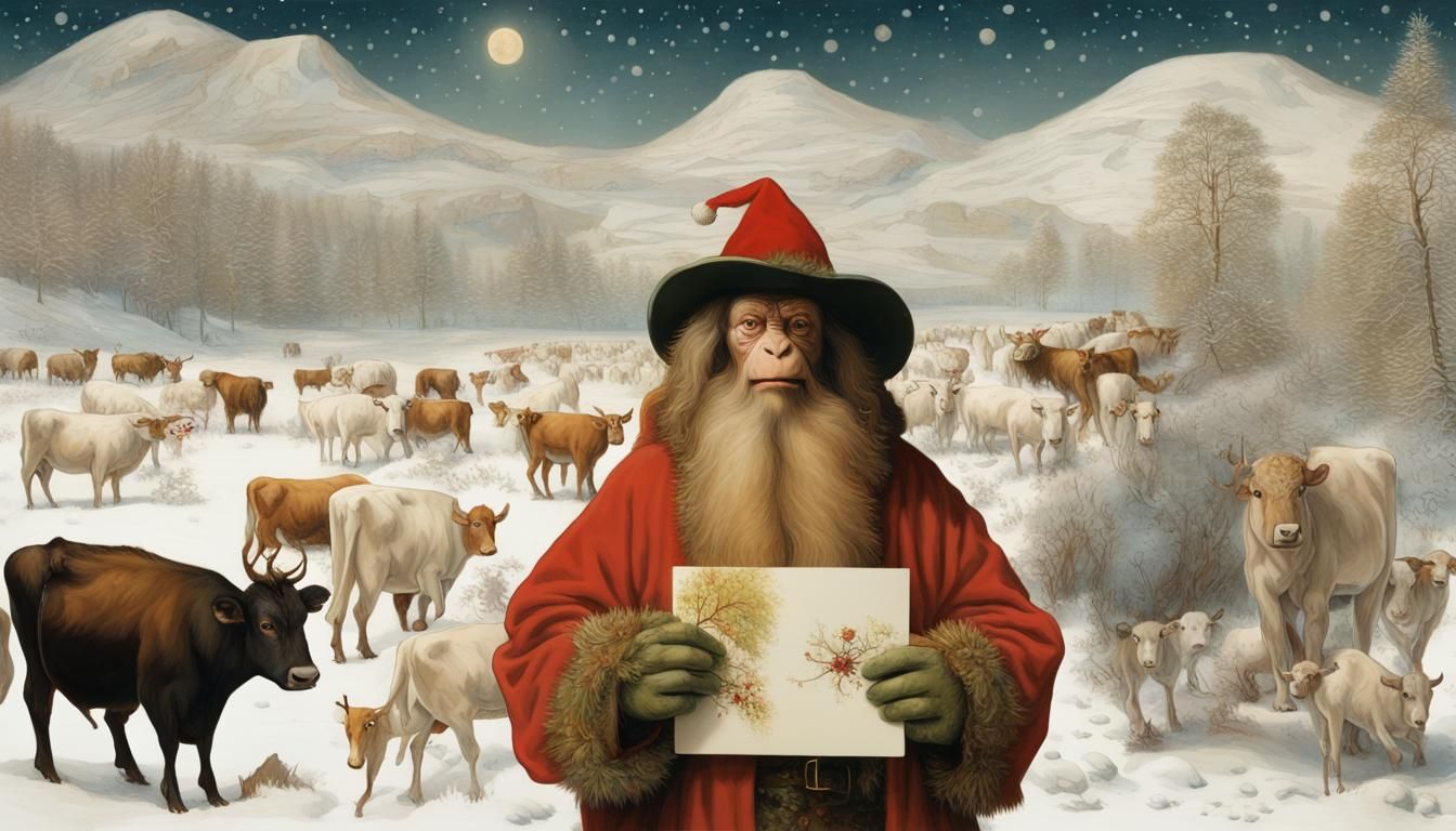 Bigfoot Christmas Card in Snowy Landscape