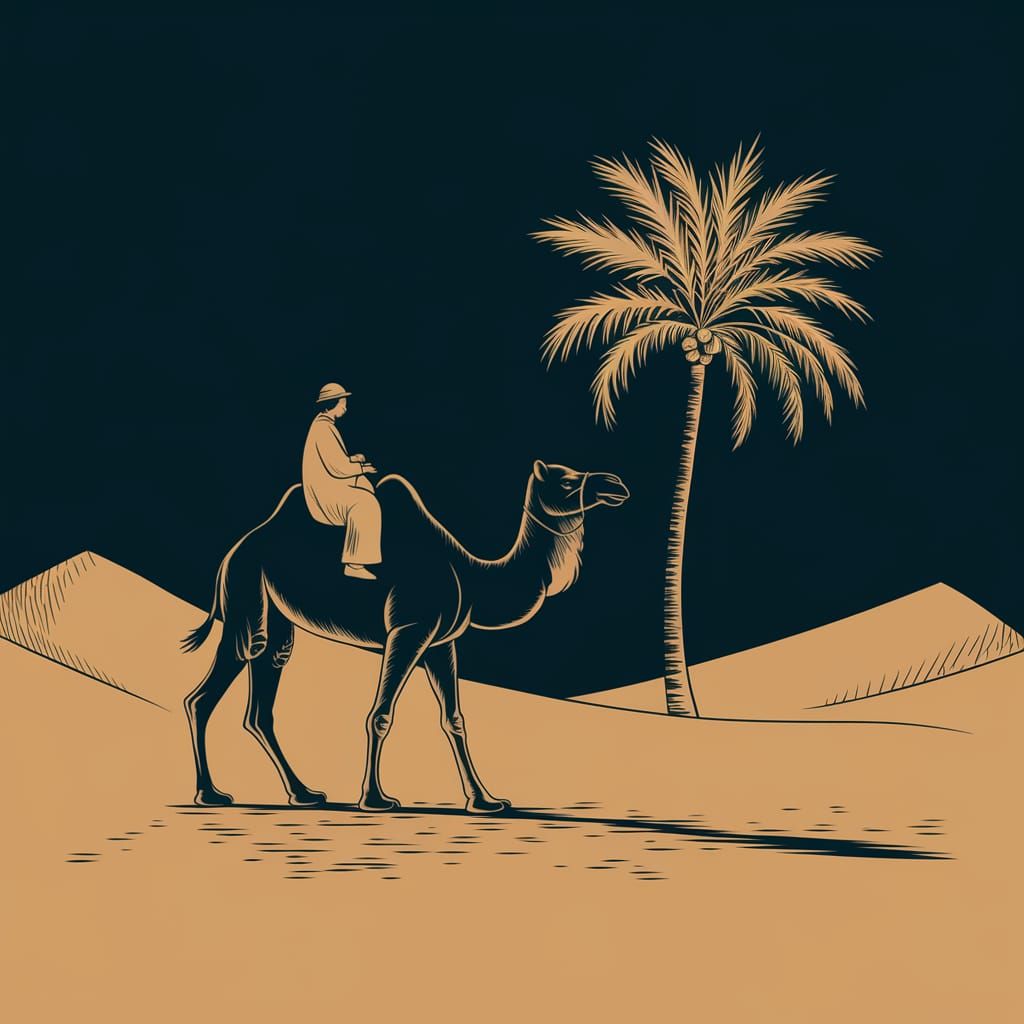 Black Camel Journey Through Desert Illustration