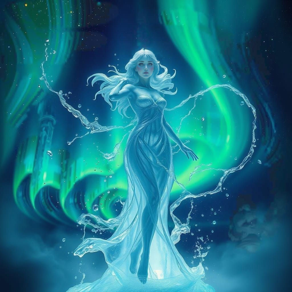 Ethereal Water Woman Amidst Aurora Borealis