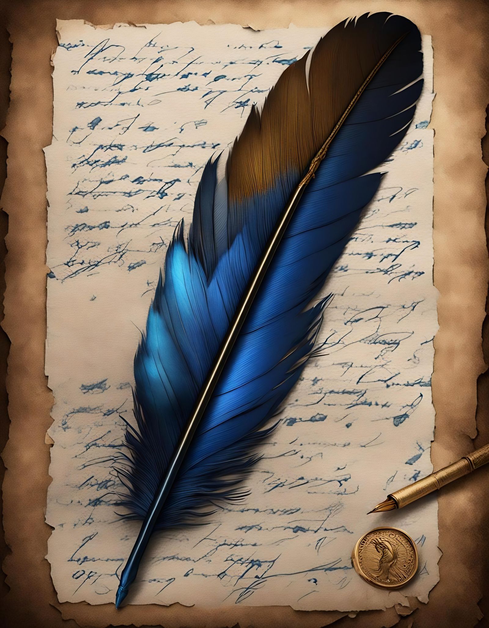 Blue Feather Draws on Paper: Macro Photography