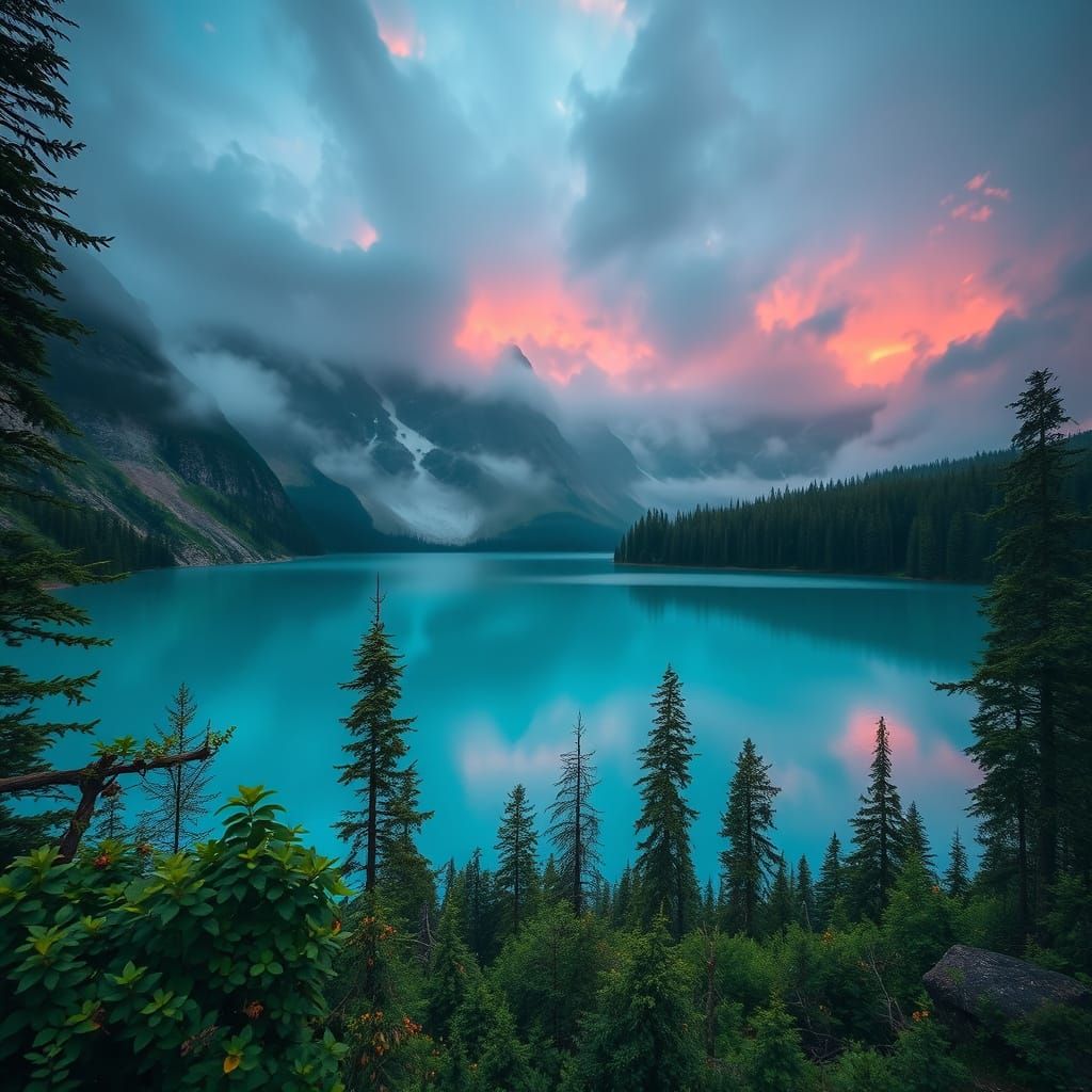 Turquoise Lake at Dawn: Hyperrealistic Landscape Photography