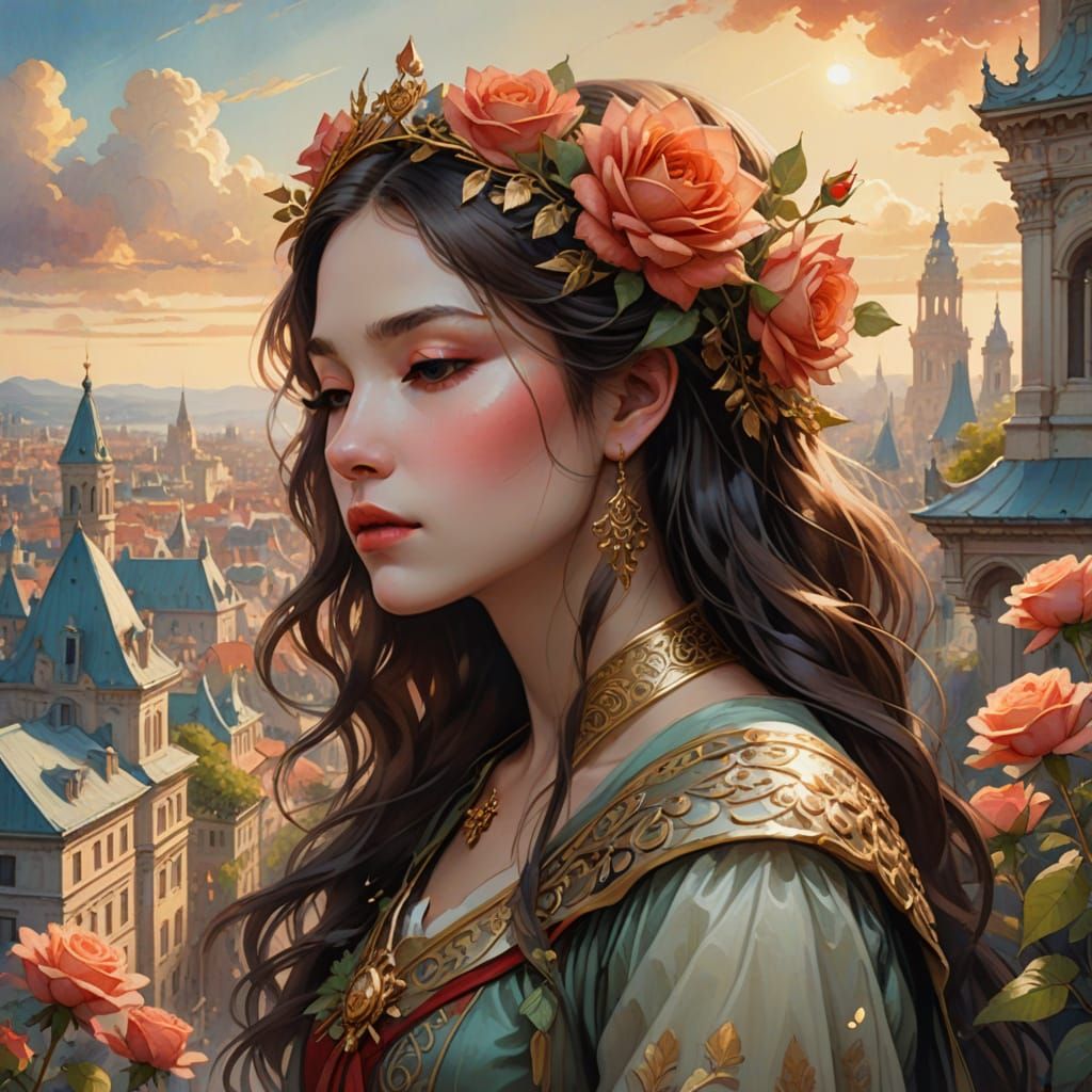 Ethereal Woman in Fantastical Golden Cityscape