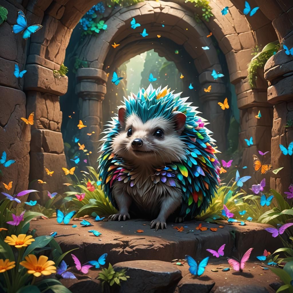Cyan Hedgehog in Rainbow Butterfly Cave: Digital Art