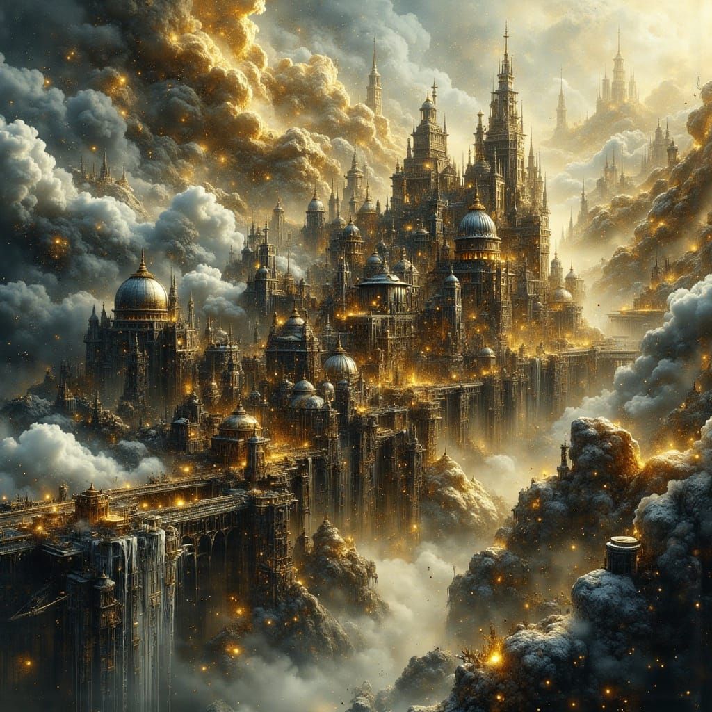 Steampunk City in Clouds with Sparkling Gold