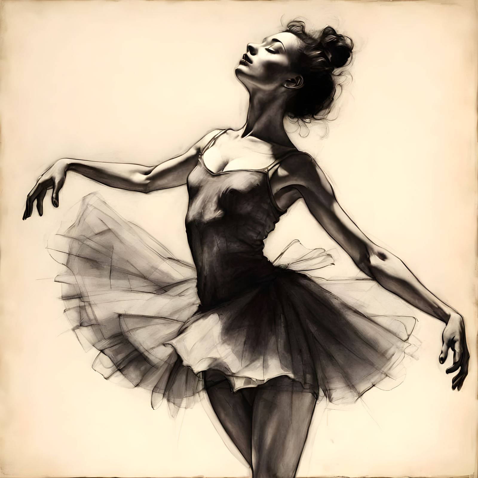 Melancholic Ballerina Charcoal Sketch with Dramatic Lighting