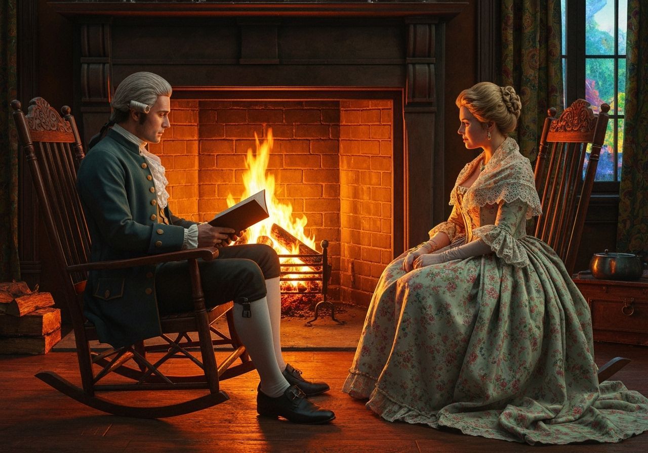 Colonial Couple by Fireplace in Hyperrealistic Style