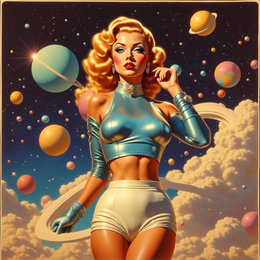 Blonde Woman Among Floating Planets in Retro Sci-Fi Style