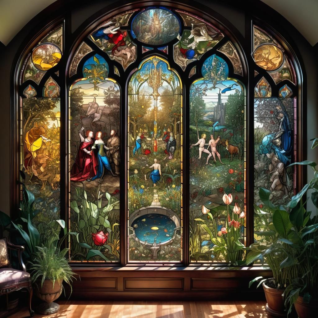 A huge, fabulous stained glass window depicting The Garden o...