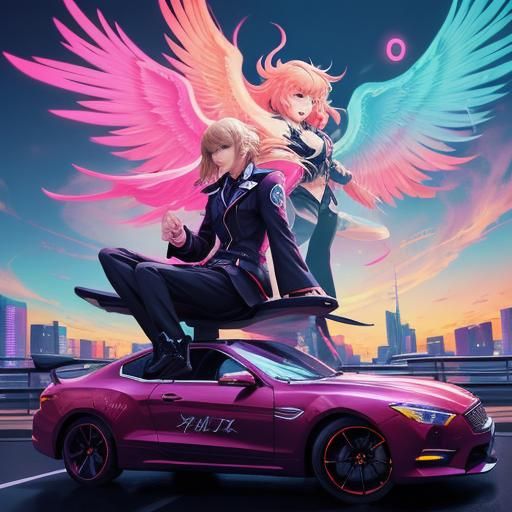 Taylor Swift in Anime-Style Cityscape with Phoenix Car