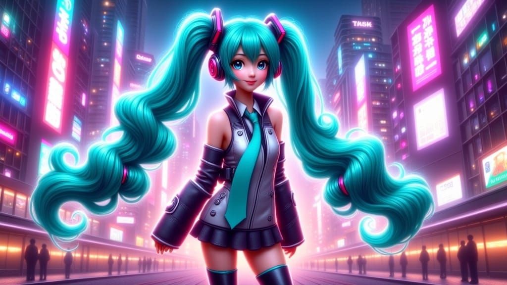 Vocaloid Hatsune Miku in Cyberpunk Cityscape
