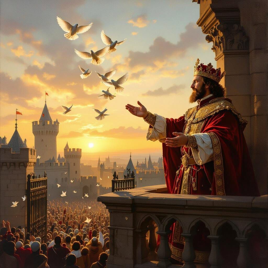 King Frees Prisoners in Rembrandt-Style Oil Painting