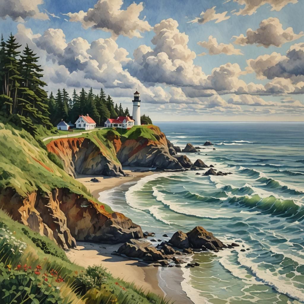 Heceta Lighthouse: Gouache Style Pacific Northwest Coast