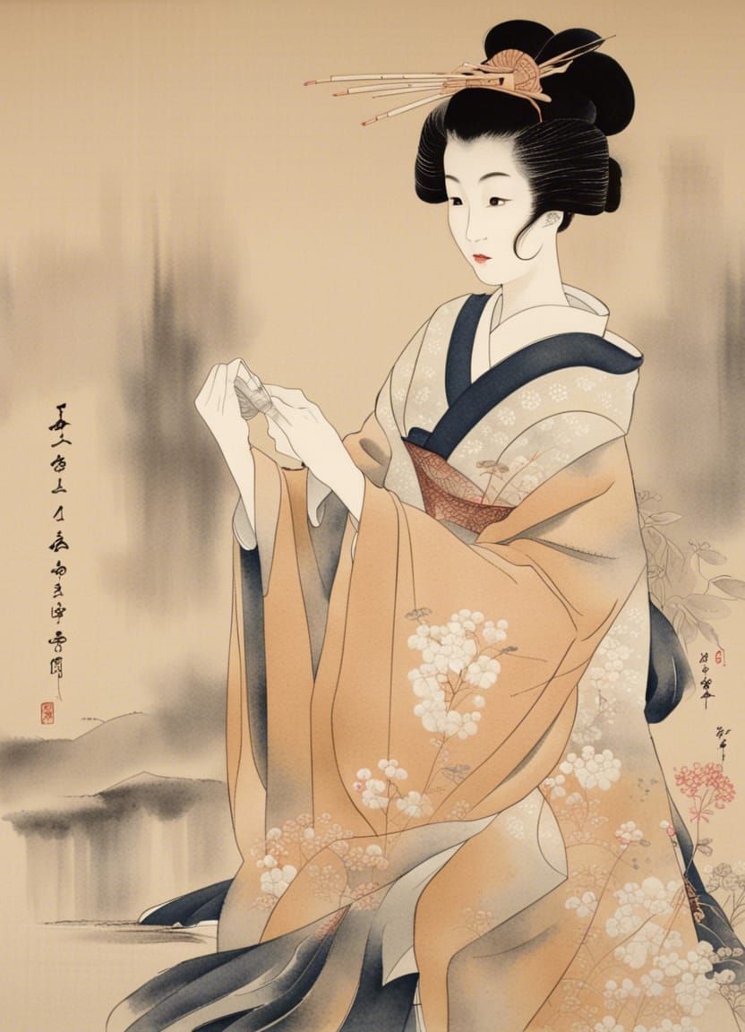Geisha in Tea Ceremony: Sumie Ink Painting